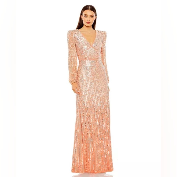 NWT Mac Duggal Peach Bishop Sleeve Sequin Gown - Picture 2 of 7